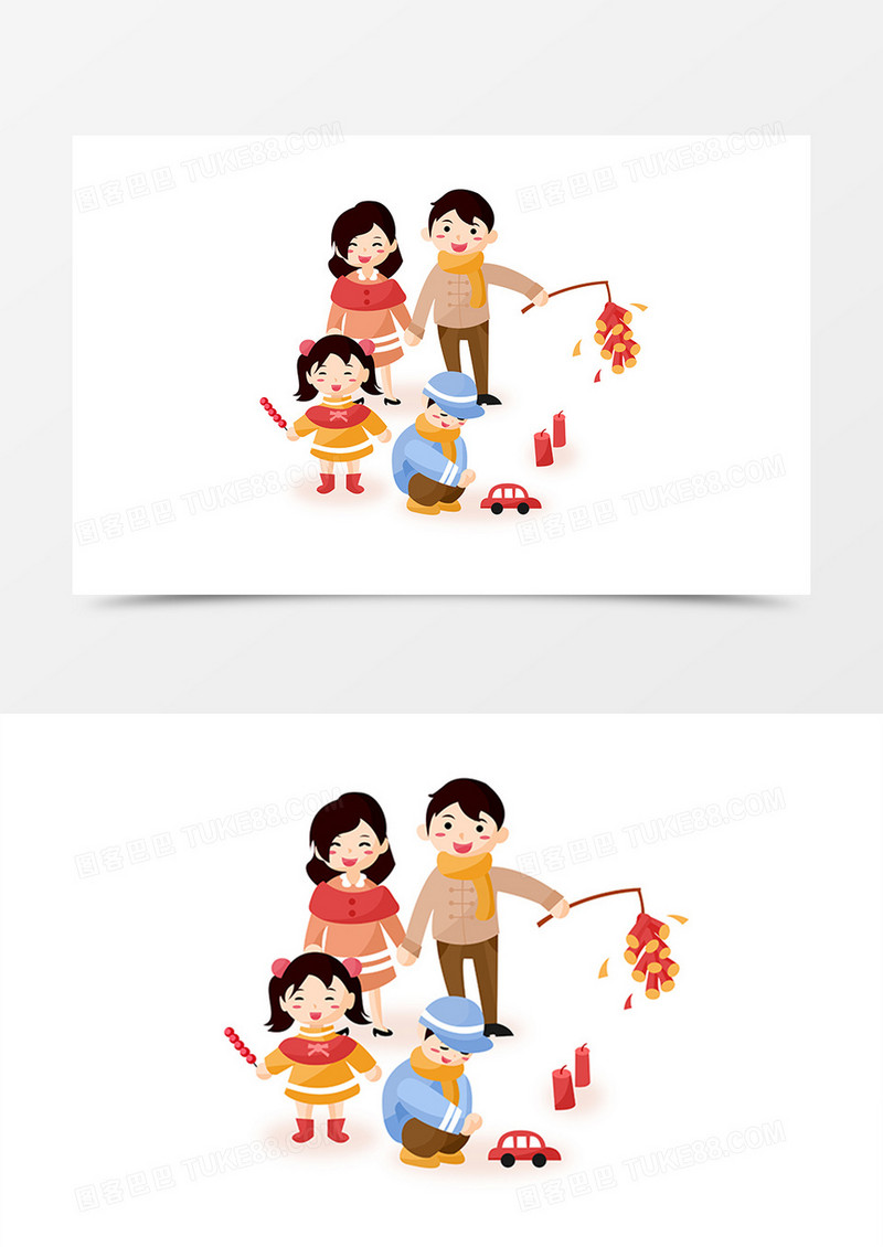 新年可爱一家人放鞭炮过年春节卡通形象