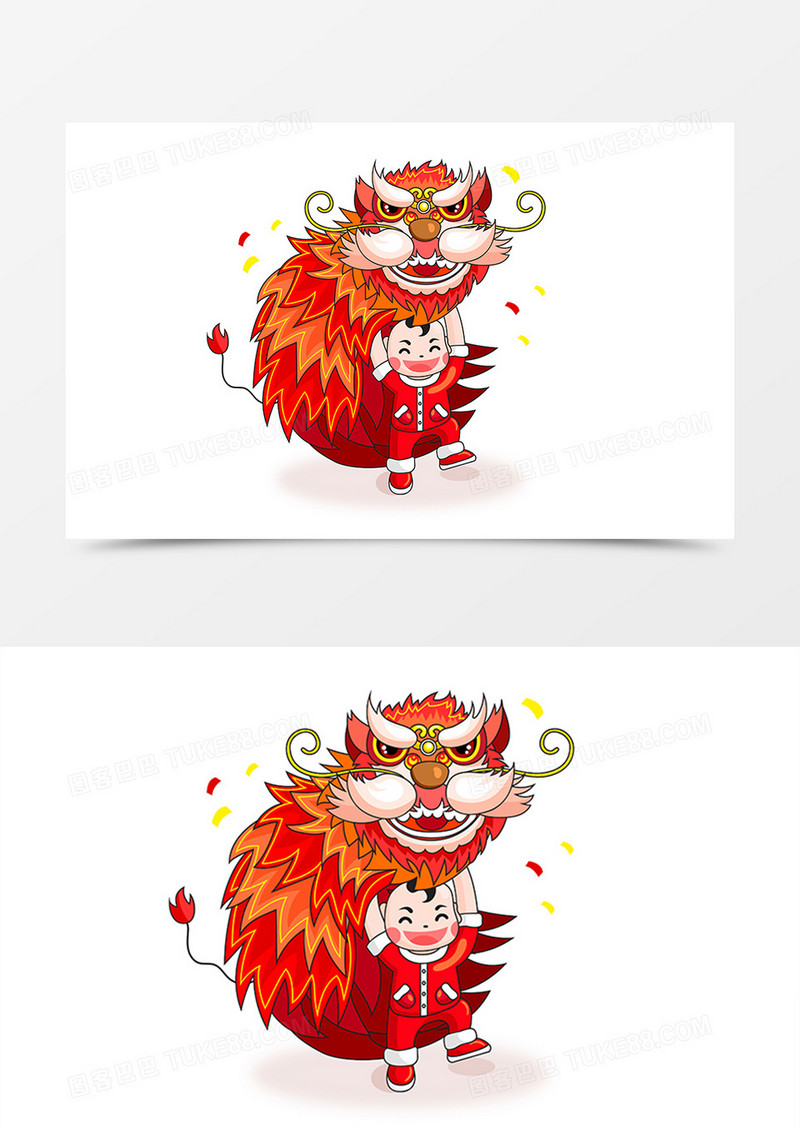节日喜庆风红色舞狮男孩卡通形象