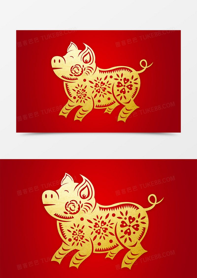 中国风可爱金色小猪剪纸素材