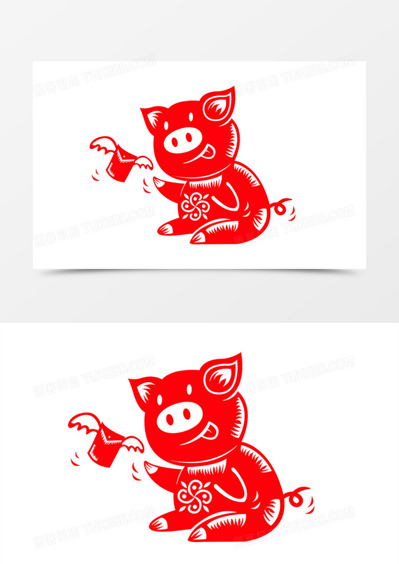 中国传统红色剪纸可爱小猪素材