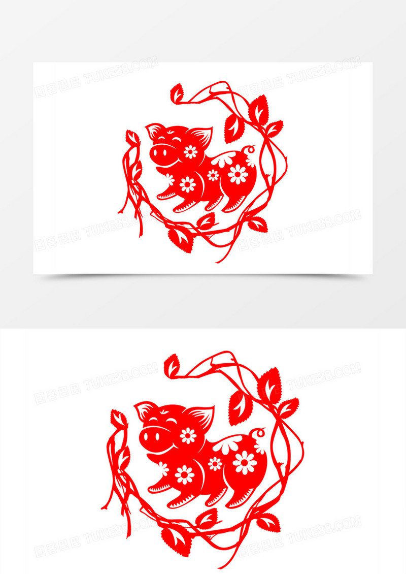 红色喜庆中国风树藤小猪剪纸素材