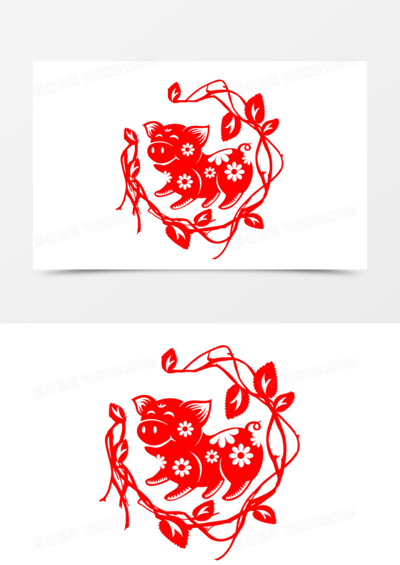 红色喜庆中国风树藤小猪剪纸素材