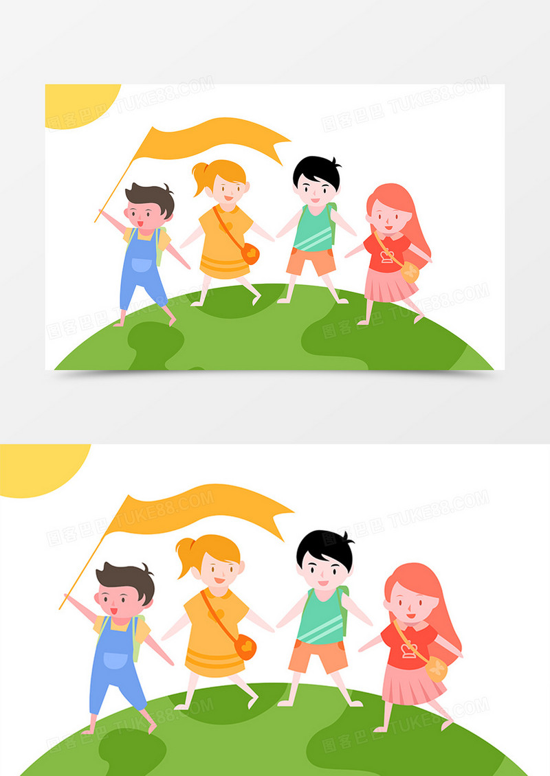 在整个形象上设计了四个孩童手牵手春游,配色上使用较为靓丽的色彩